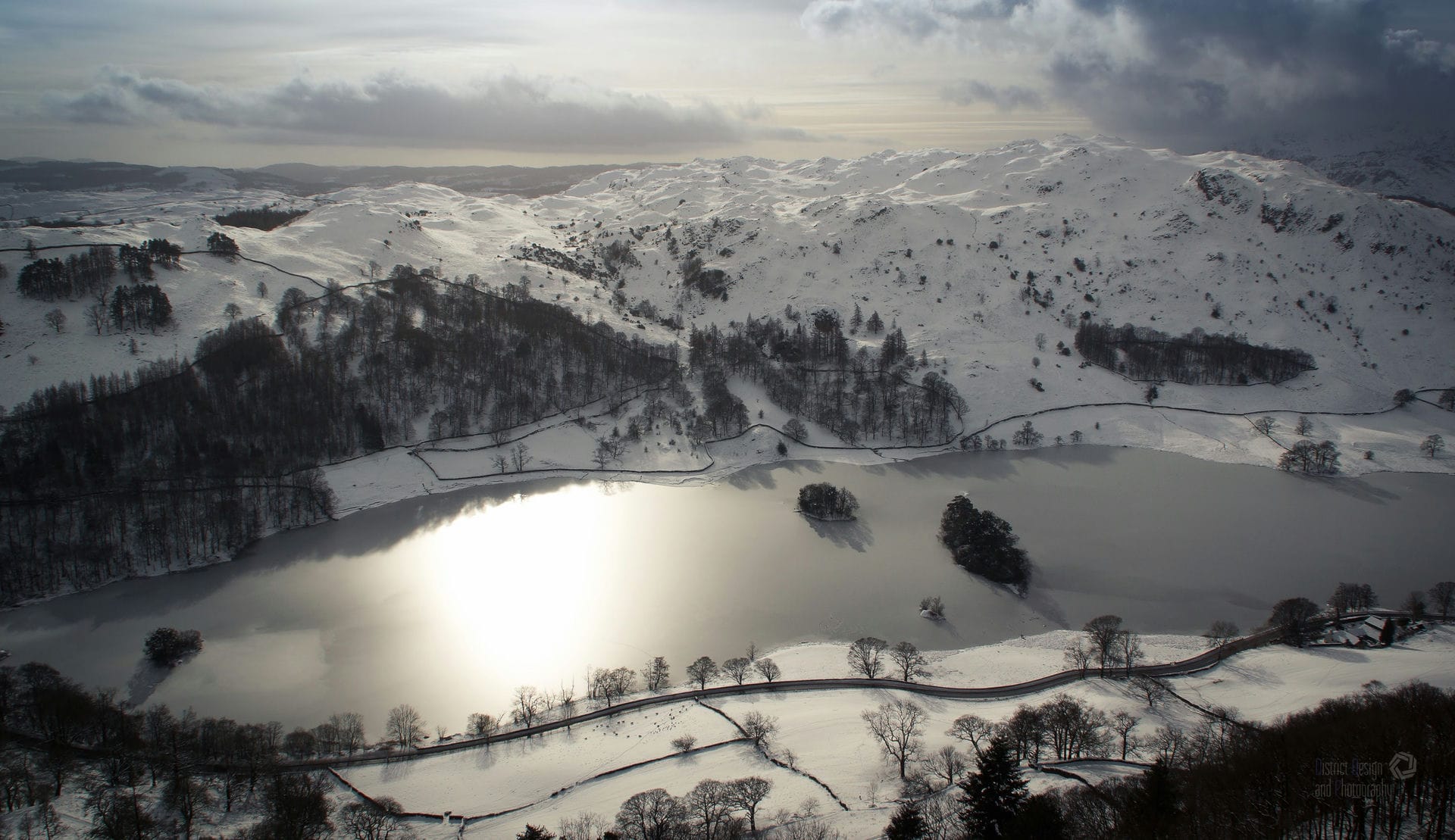 Rydal Water and Loughrigg in the snow viewed from Nab Scar